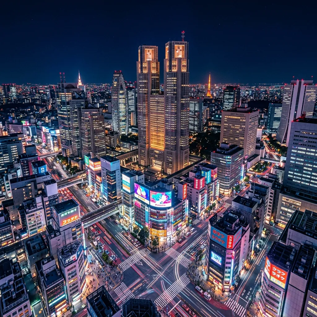 Skyline nocturno de Shinjuku con neones