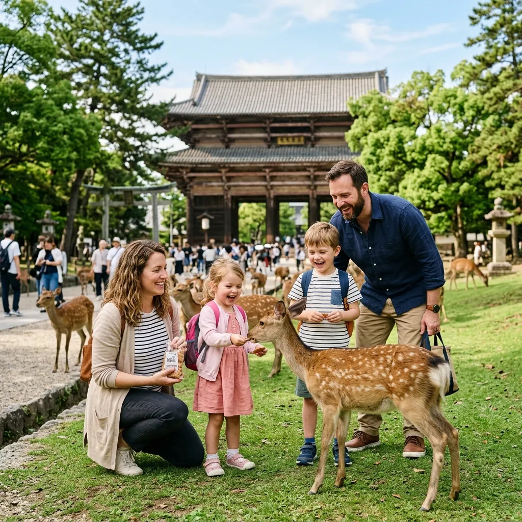 Familia feliz alimentando ciervos en Nara
